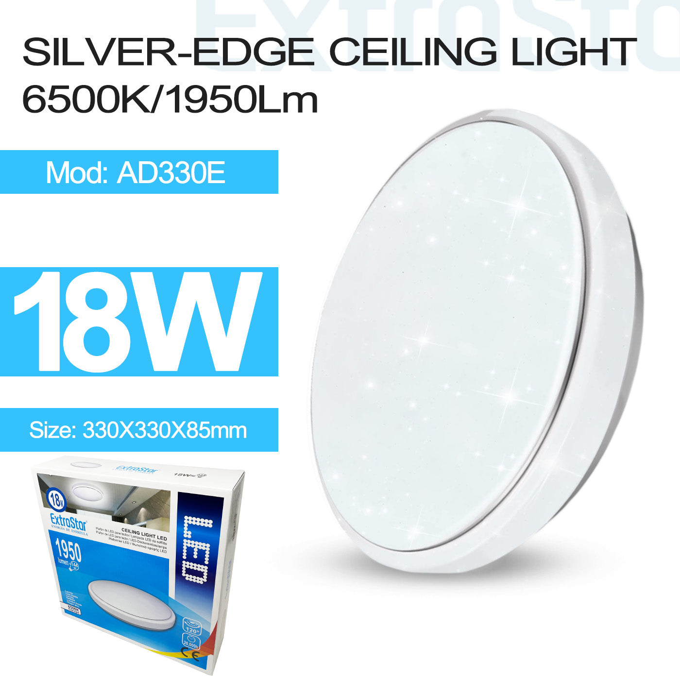 ExtraStar 18W LED Ceiling Light, 6500K Silver-edge, Model: AD330E