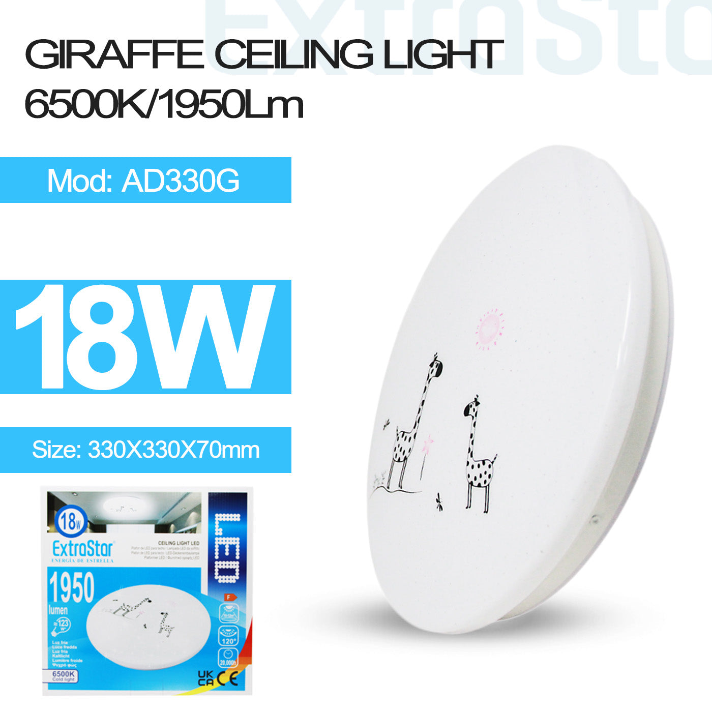 ExtraStar 18W LED Round Ceiling Light 6500K, 1950 Lumen, Giraffe Print, Model: AD330G