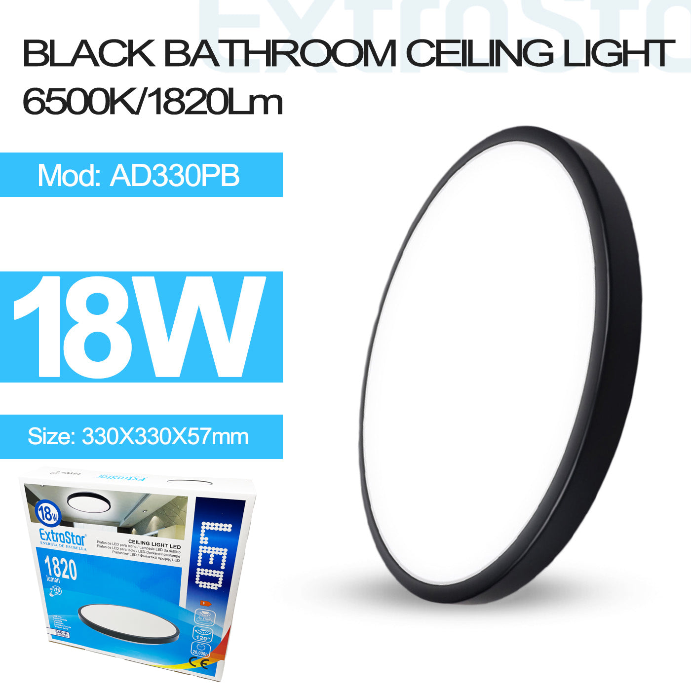 ExtraStar 18W LED Ceiling Light, IP54 33cm, 6500K, Black-rimmed, Model: AD330PB
