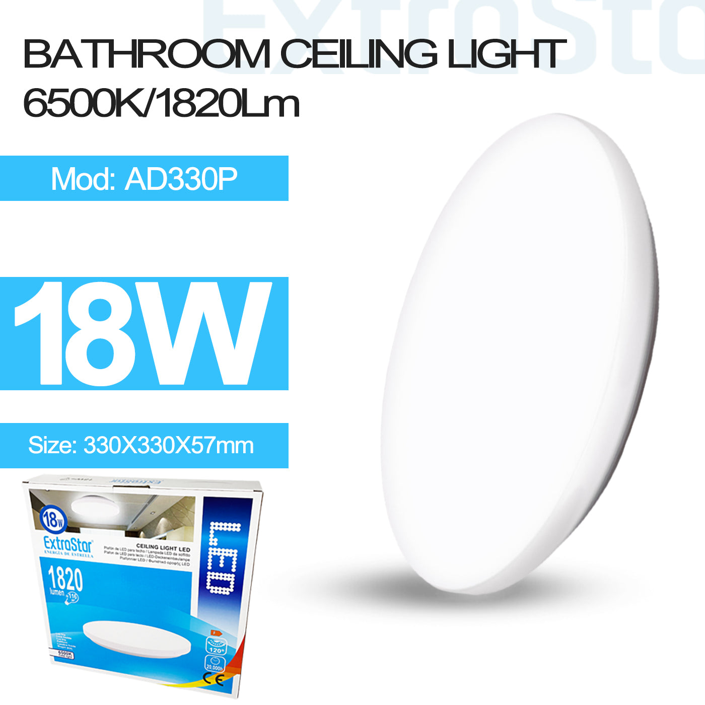 ExtraStar 18W LED Ceiling Light, IP54 33cm, 6500K, White, Model: AD330P