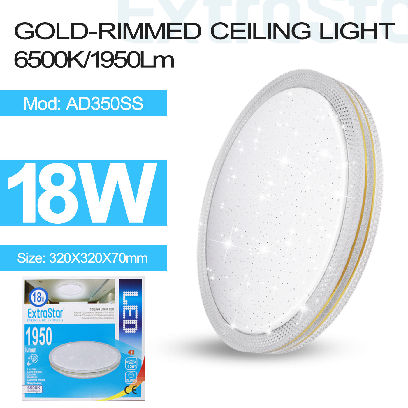 ExtraStar 18W LED Ceiling Light 6500K, 1950 Lumen, Gold-rimmed, Model: AD350SS