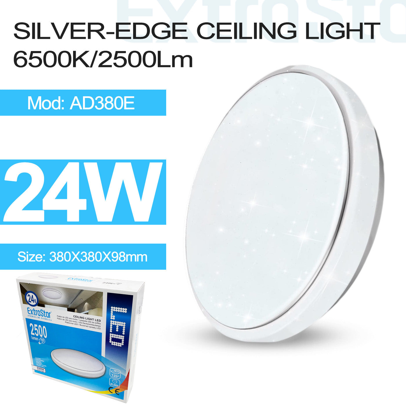ExtraStar 24W LED Ceiling Light, 6500K, 2500Lm, Round silver edge, Model: AD380E