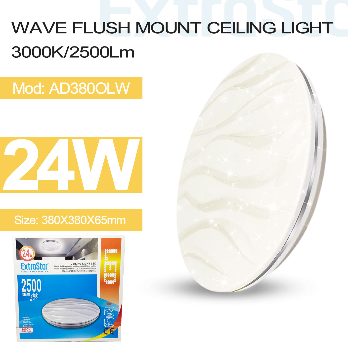 ExtraStar 24W LED Ceiling Light, 38cm, 3000K, Model: AD380OLW