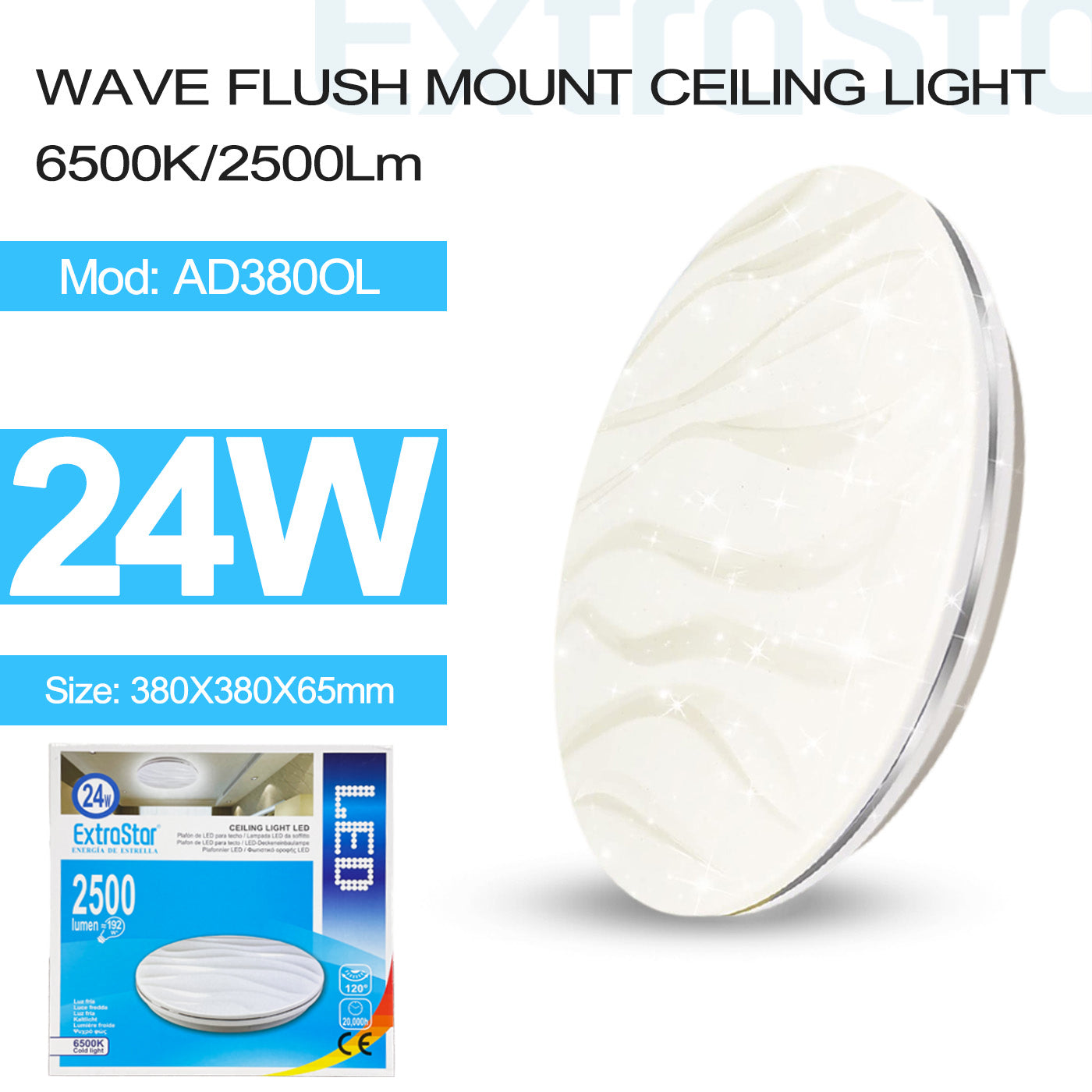 ExtraStar 24W LED Ceiling Light, Wave Flush mount, 6500k, 2500Lm, Model: AD380OL