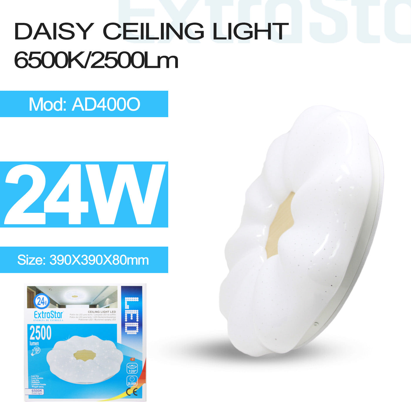 ExtraStar 24W LED Ceiling Light 6500K, 2500 Lumen, Flower Shape, Model: AD400O