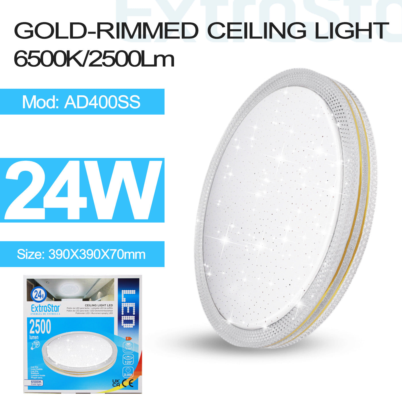 ExtraStar 24W LED Ceiling Light 6500K, 2500 Lumen, Gold-rimmed, Model: AD400SS
