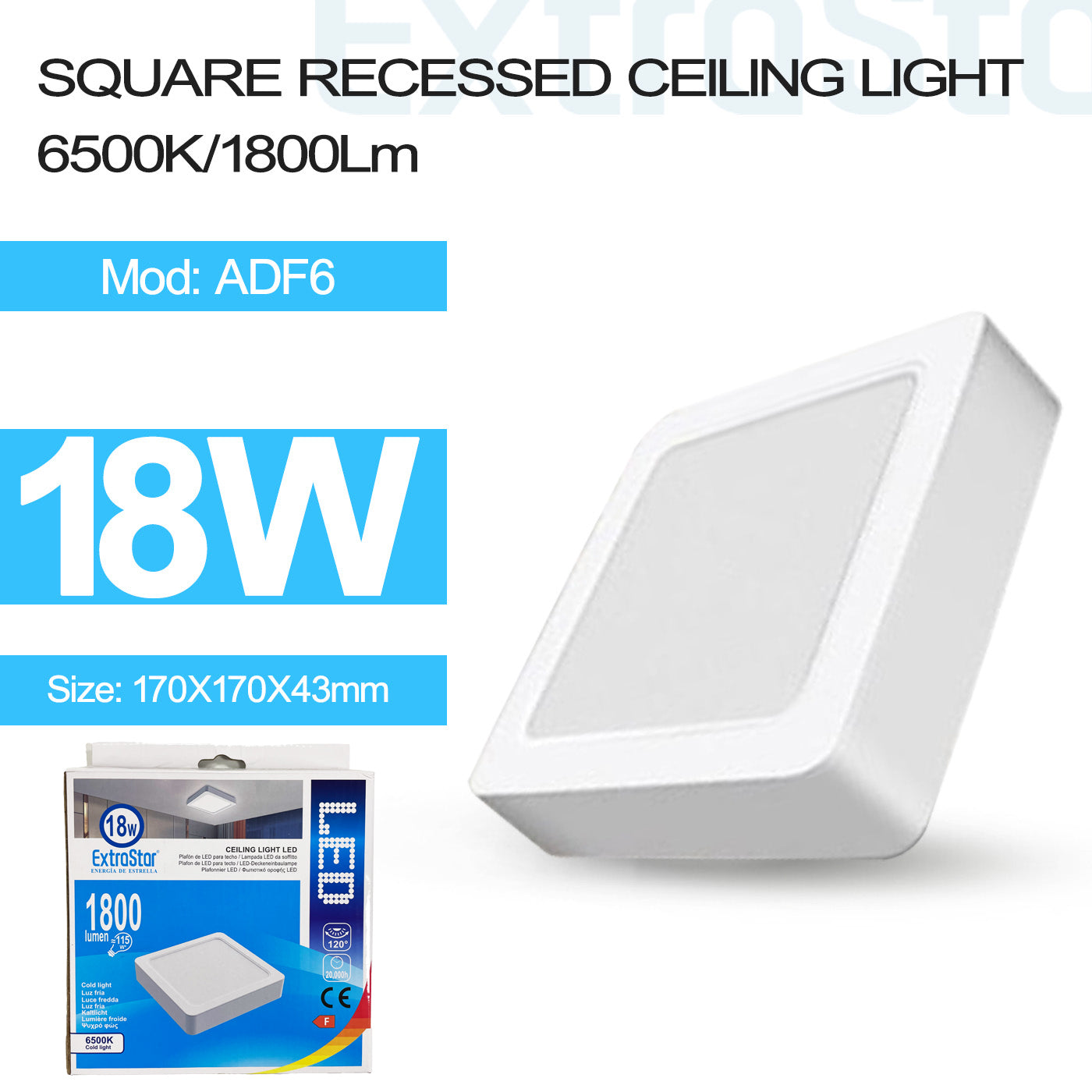 ExtraStar 18W LED Square Ceiling Light 1800lm, 6500K, Model: ADF6