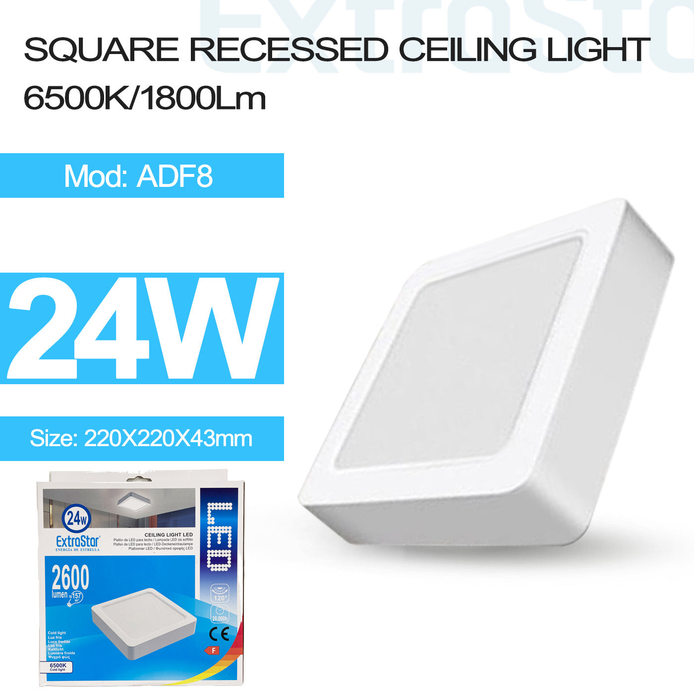 ExtraStar 24W LED Square Ceiling Light 2600lm, 6500K, Model: ADF8