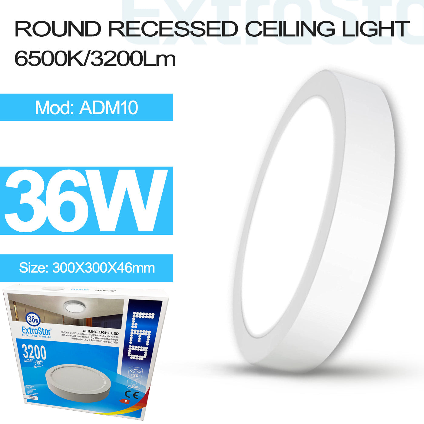 ExtraStar 36W LED Round Ceiling Light 3200lm, 6500K, Model: ADM10