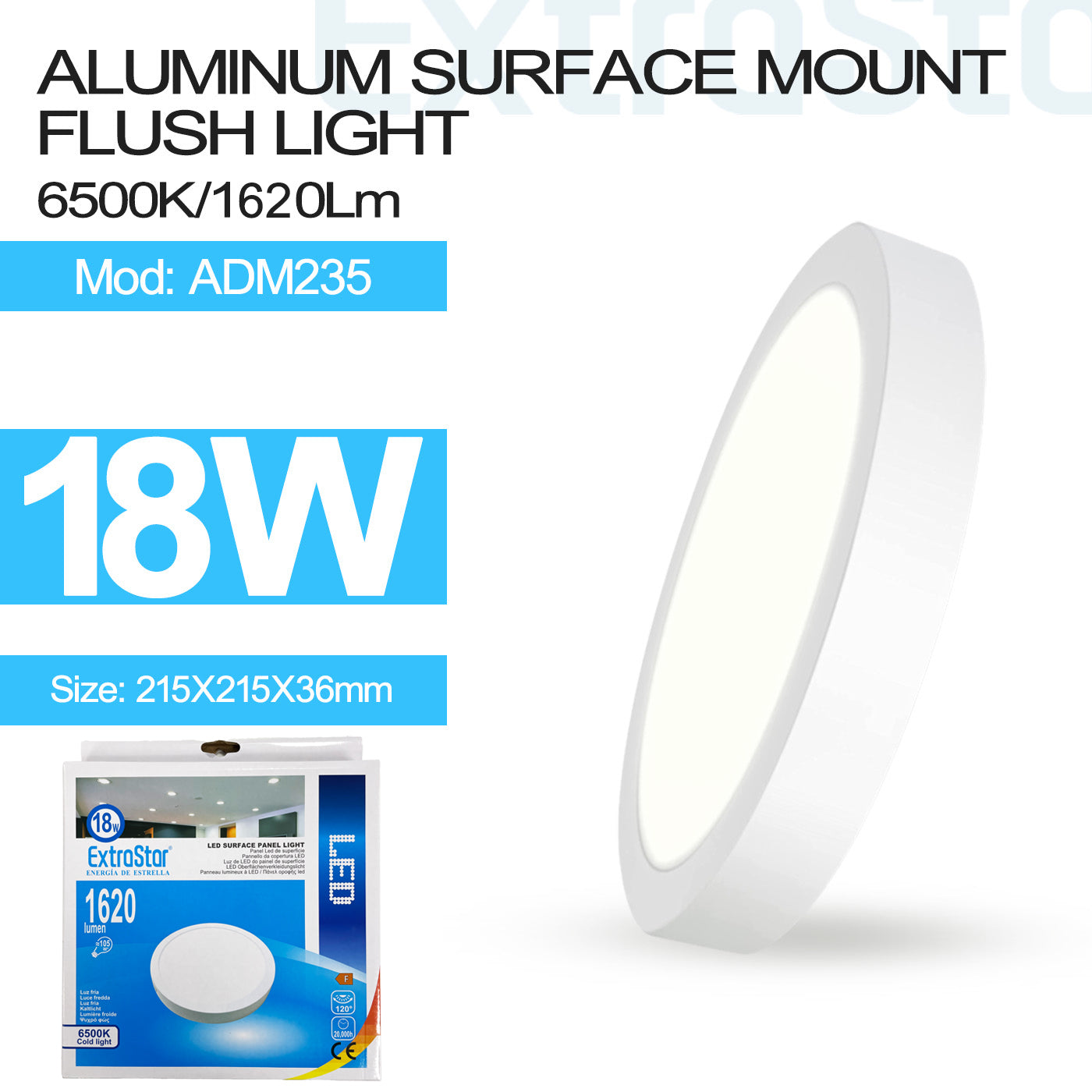 ExtraStar 18W LED Surface Panel Light 6500K Daylight, Round Shape, Model: ADM235