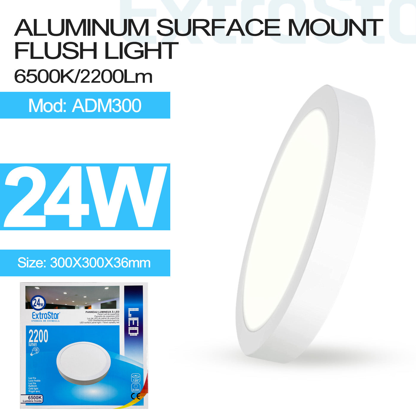 ExtraStar 24W LED Surface Mount Ceiling Light, 6500K, 2200Lm, Model: ADM300