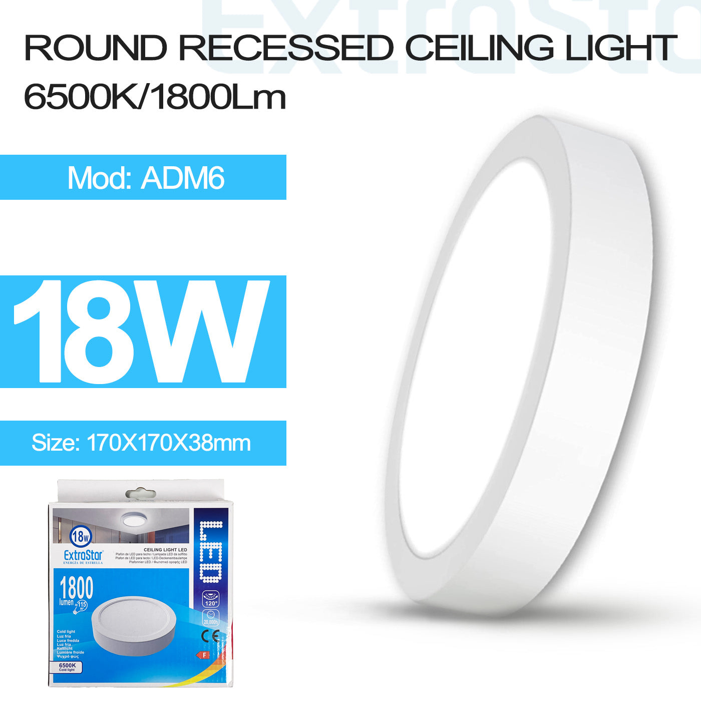ExtraStar 18W LED Round Ceiling Light 1800Lm, 6500K, Model: ADM6