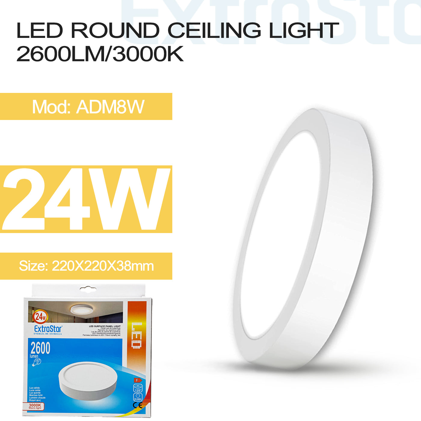 ExtraStar 24W LED Round Ceiling Light 2600lm, 220mm diameter, 3000K, Model: ADM8W
