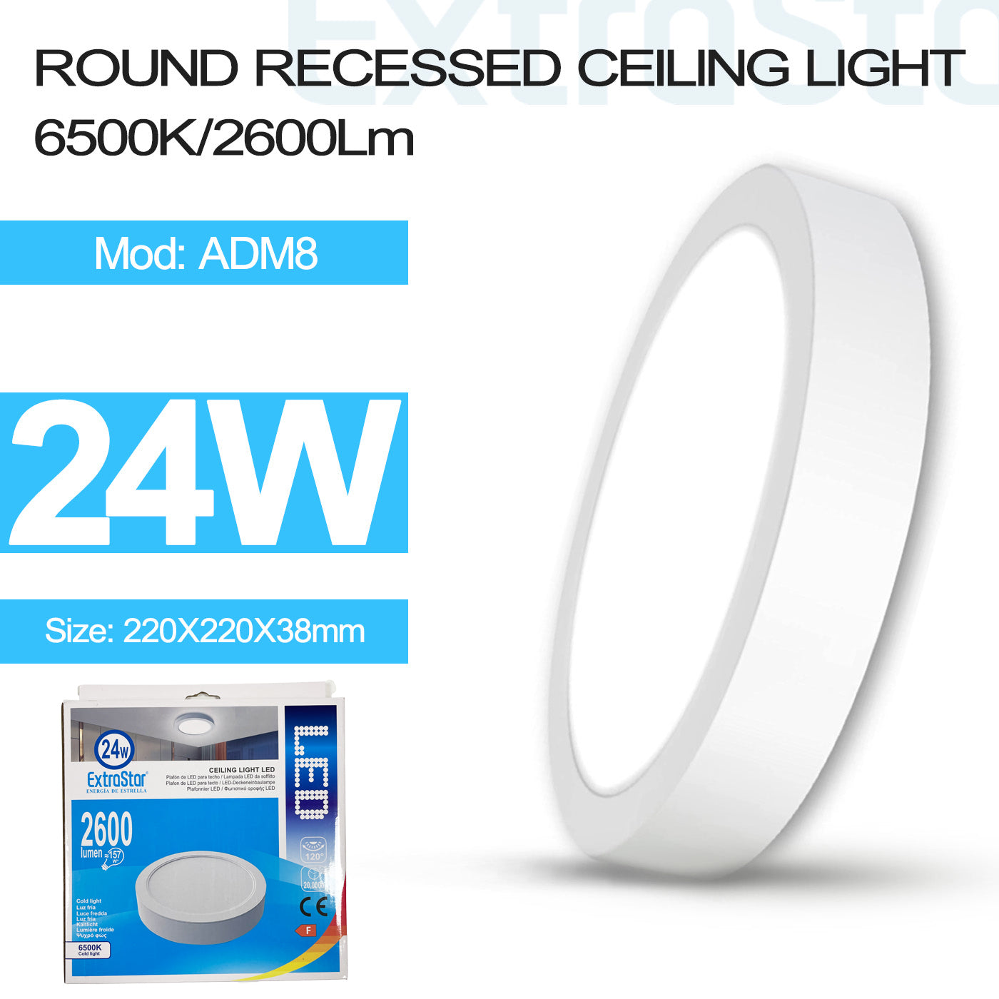 ExtrasStar 24W LED Round Ceiling Light 2600lm, 6500K, Model: ADM8