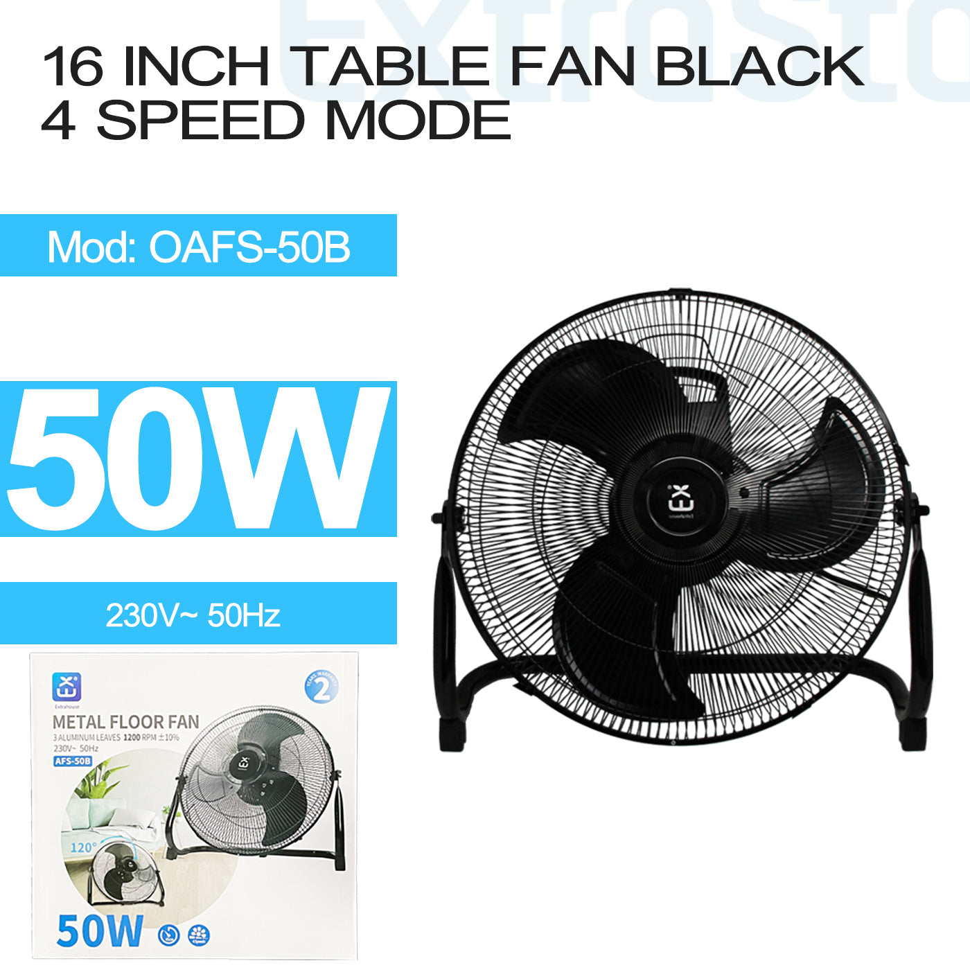 ExtraStar 16 inch Floor Fan, 50W, 4 speed mode, Model: OAFS-50B