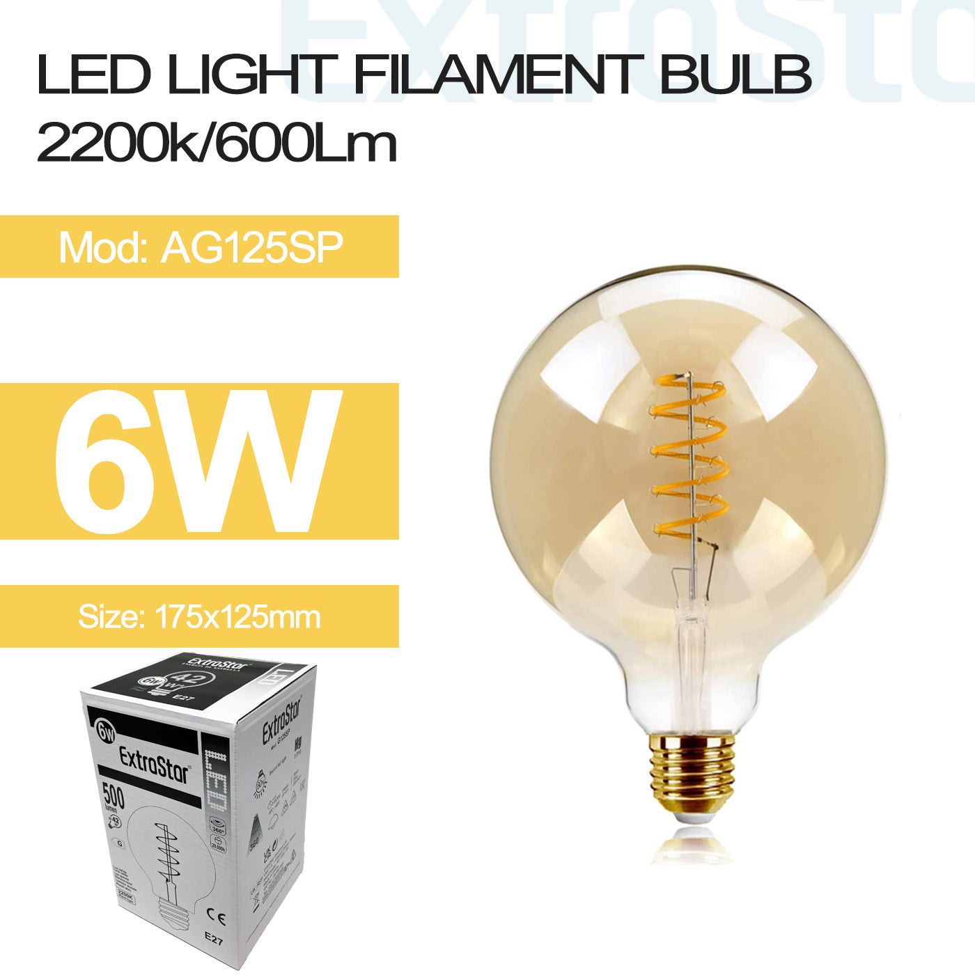 ExtraStar 6W LED G125 Ball Bulb Ornament E27, 2200K, Model: AG125SP