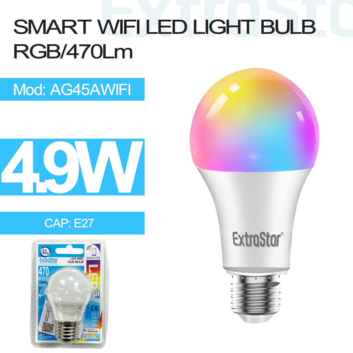 ExtraStar 4.9W Smart LED Ball Light Bulb RGB E27, Model: AG45AWIFI