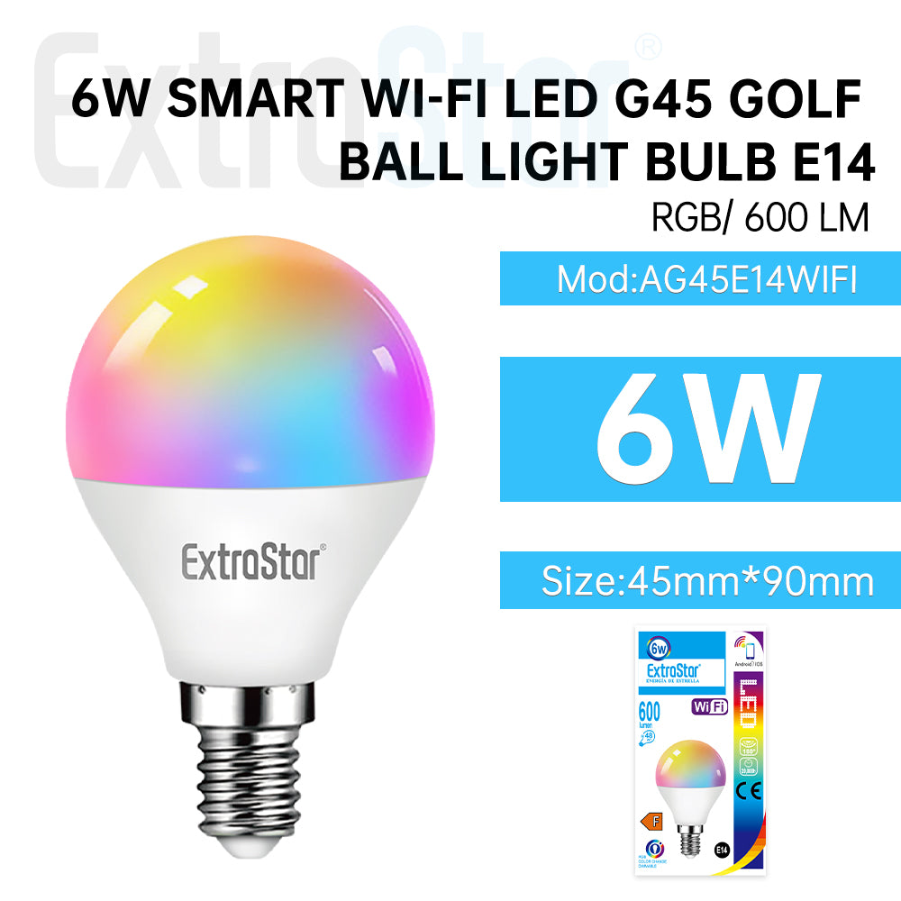 ExtraStar 6W Smart Wifi LED G45 Ball Light Bulb RGB E14, Model: AG45E14WIFI