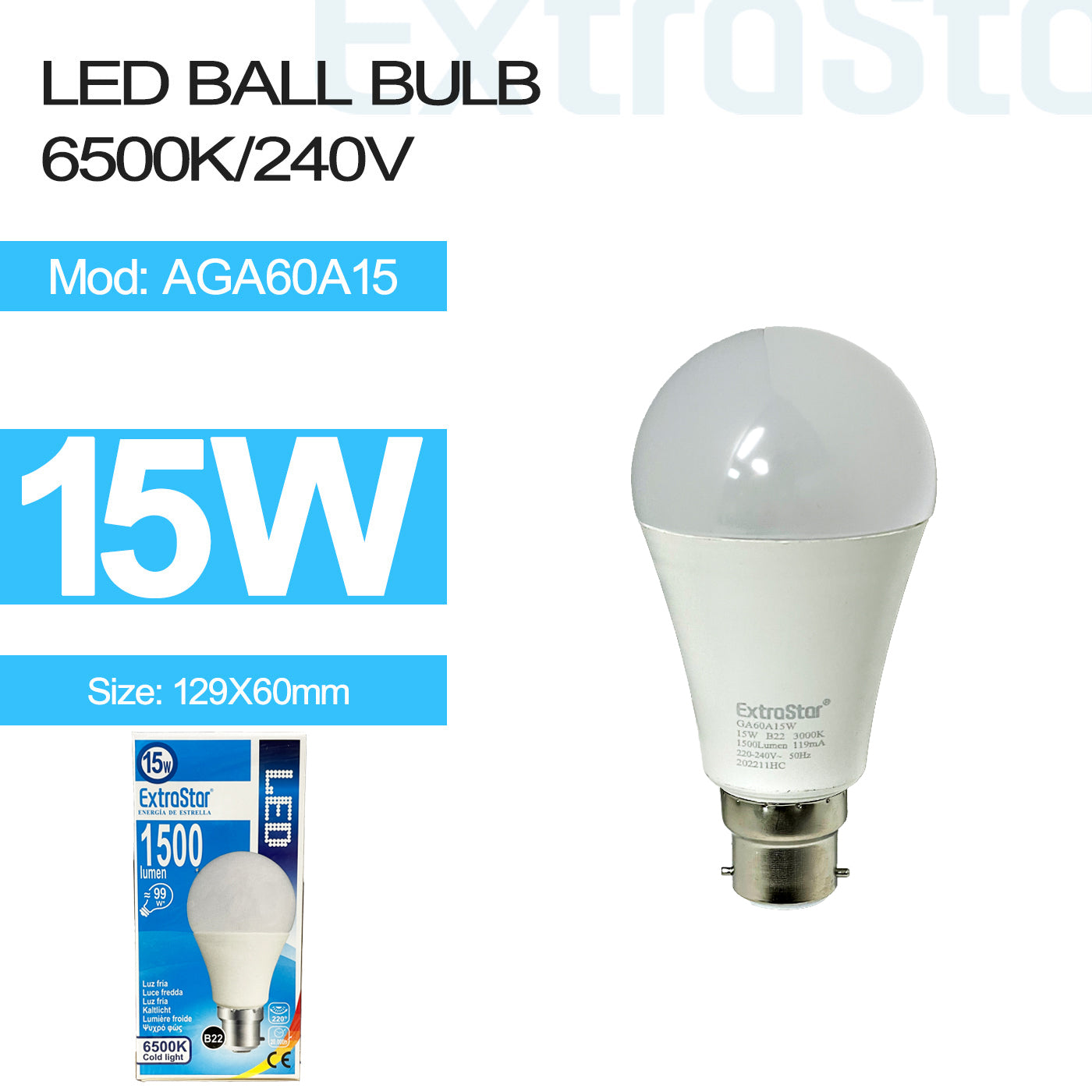 ExtraStar 15W LED Ball Bulb B22, 6500K, Paper Box, Model: AGA60A15