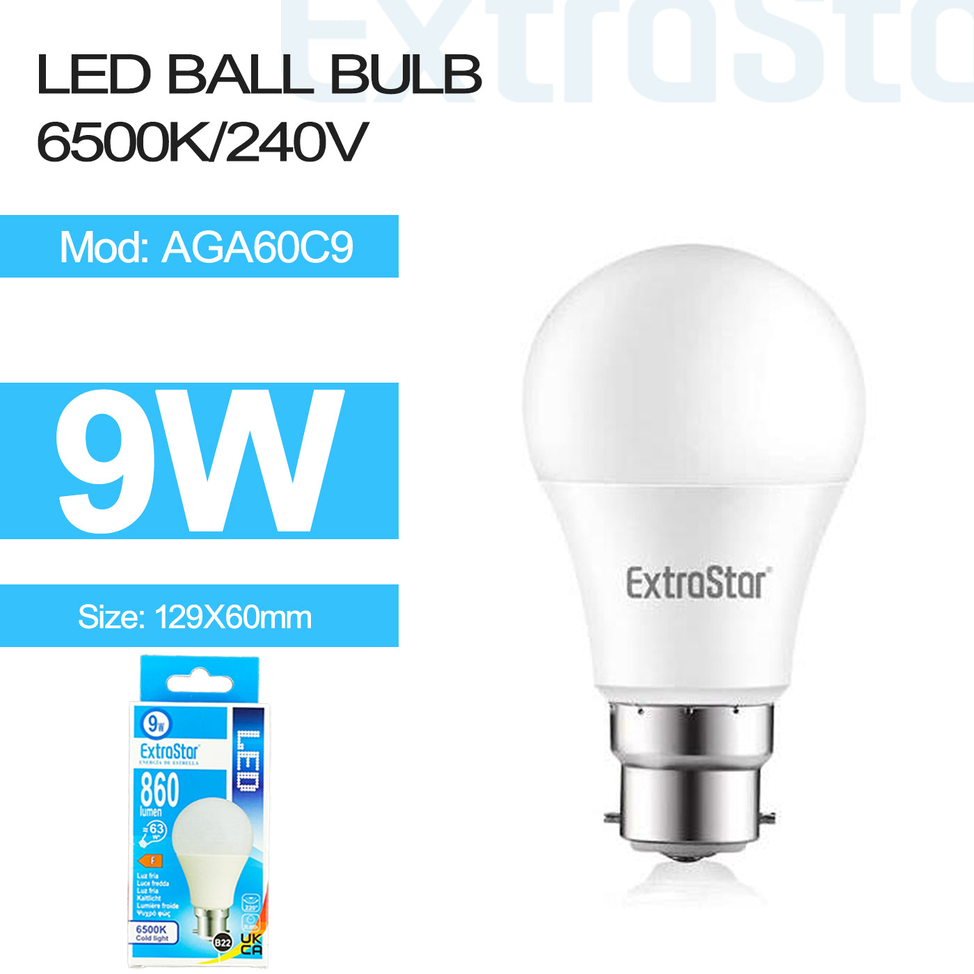 ExtraStar 9W LED Ball Bulb B22, 6500K, Paper Pack, Model: AGA60C9