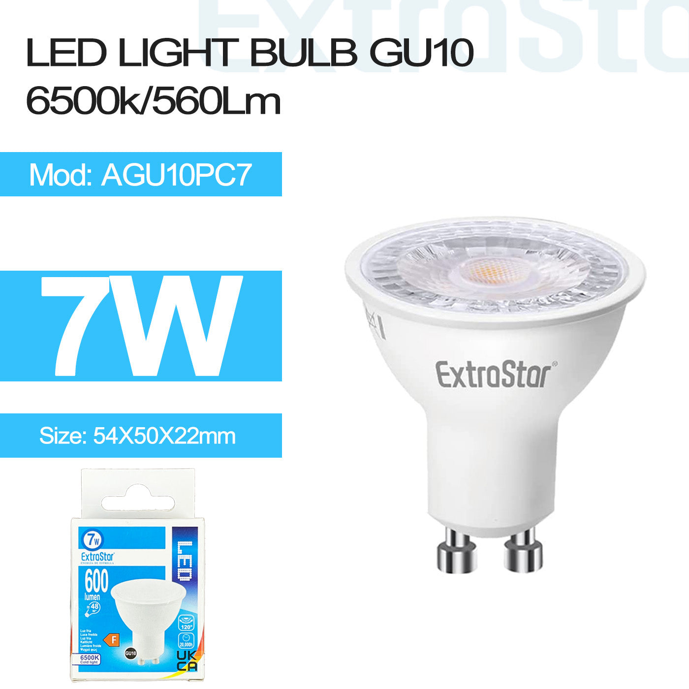 ExtraStar 7W LED Light Bulb GU10, 6500K, Paper Box, Model: AGU10PC7