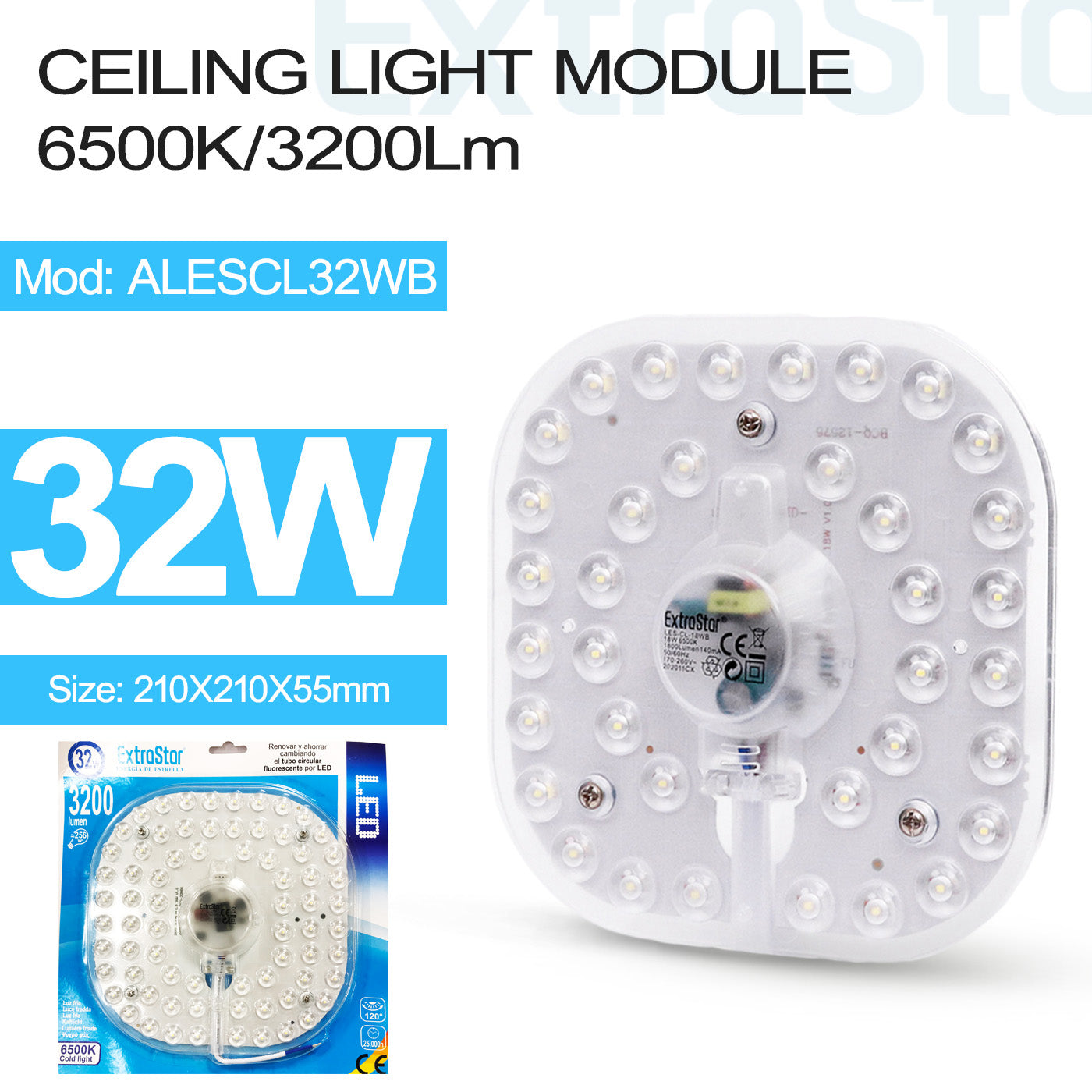 ExtraStar 32W LED Ceiling Light MODULE, 6500K CJ48, 32W, 3200 Lumens, Model: ALESCL32WB