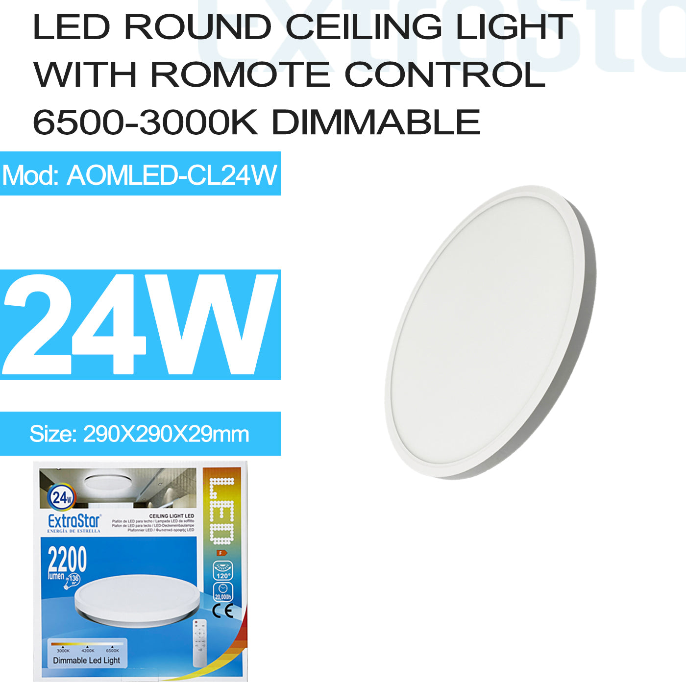ExtraStar 24W LED Round Ceiling Light with Remote Control, 3000K-6500K Dimmable, Model: AOMLED-CL24W