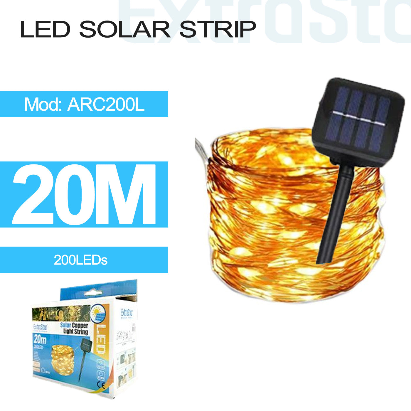 ExtraStar LED Solar Copper Light String, 200LEDs, 20M, Model: ARC200L