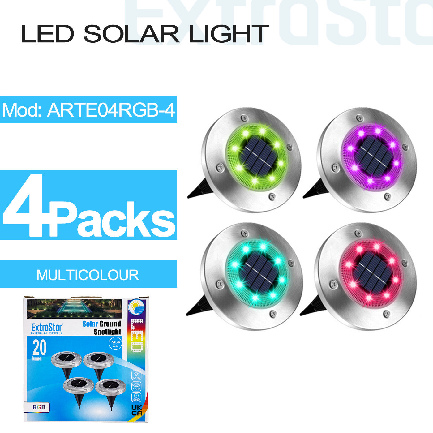 ExtraStar LED Solar Light Multicolour - 4 Pack, Model: ARTE04RGB-4