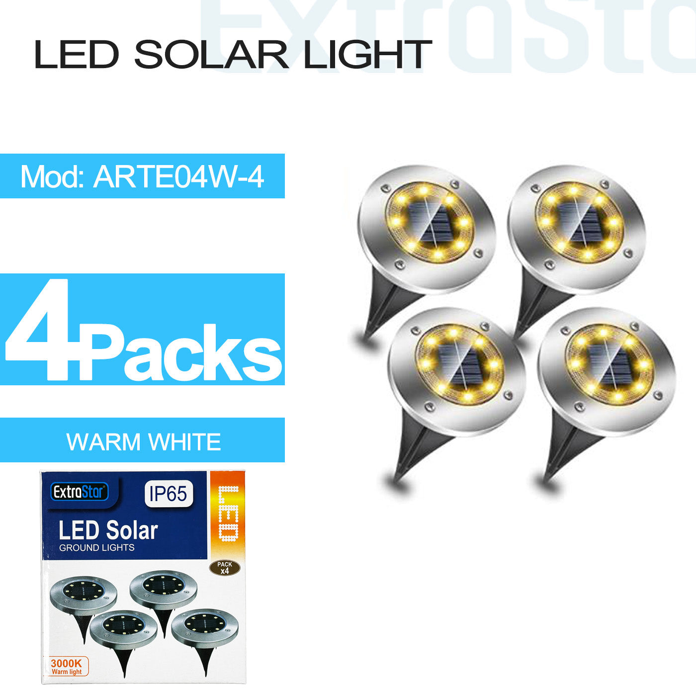 ExtraStar LED Solar Light Warm White - 4 Pack, Model: ARTE04W-4