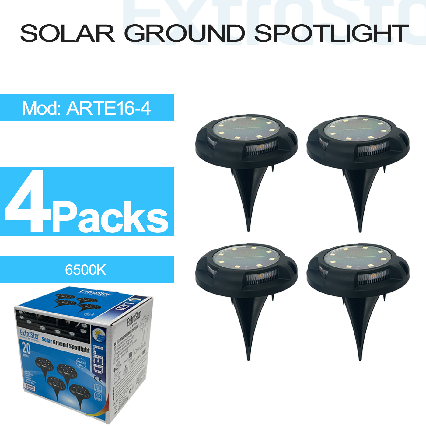 ExtraStar Solar Garden Night, 6500K, Pack of 4, Black, Model: ARTE16-4