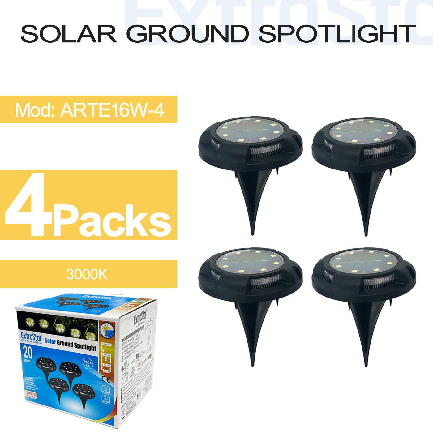 ExtraStar Solar Garden Night, 3000K, Pack of 4, Black, Model: ARTE16W-4