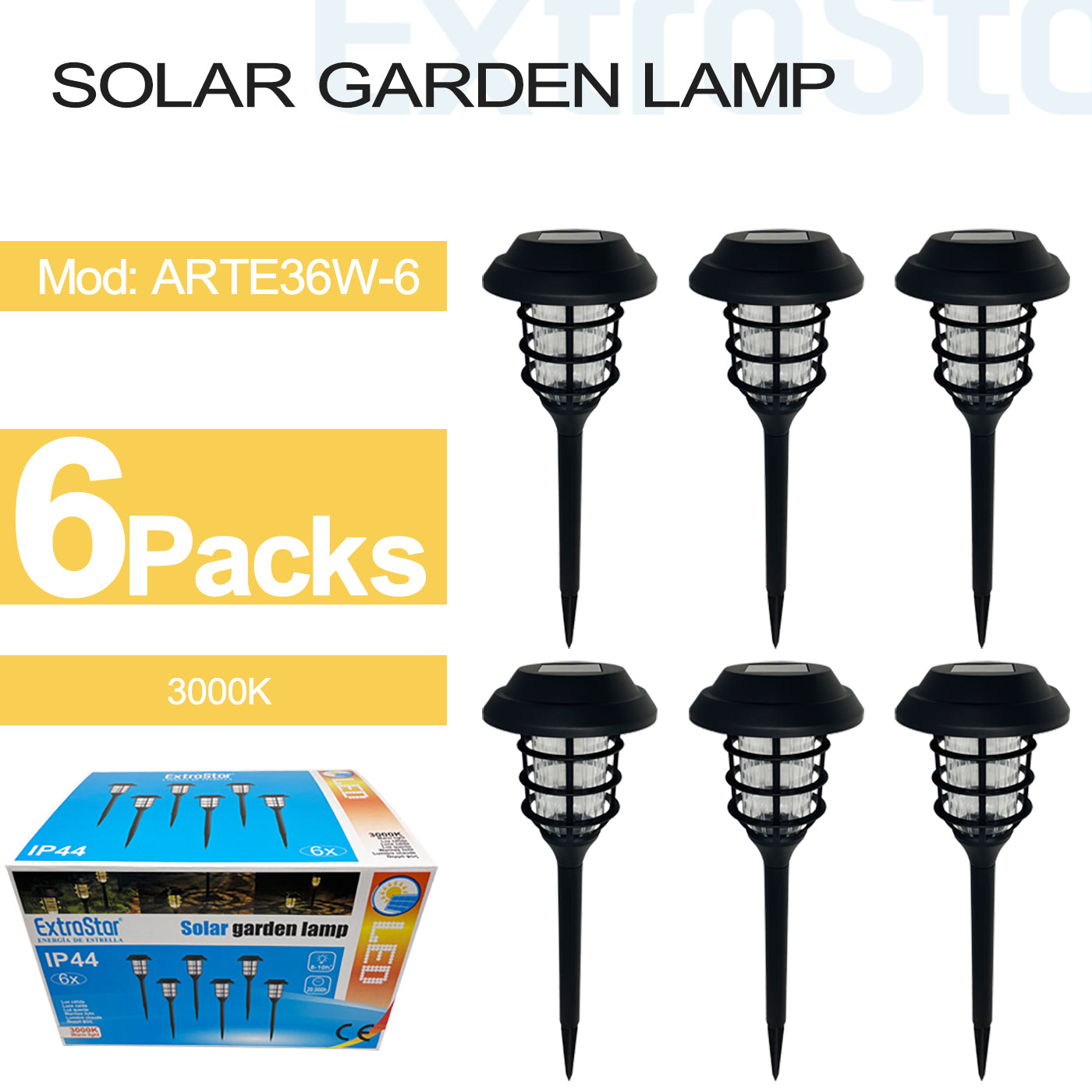 Solar Garden Lamp , 3000K, Pack of 6, IP44