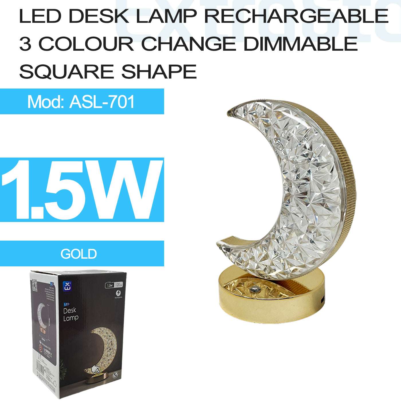 ExtraStar LED Desk Lamp Rechargeable, Moon Shape, 3 Color Change Dimmable, Model: ASL-701