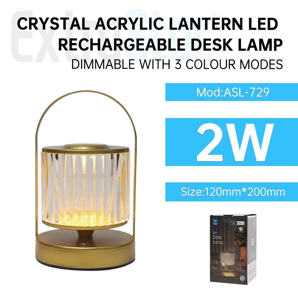 ExtraStar LED Desk Lamp Rechargeable, 3 Color Change Dimmable, Crystal Lantern and Golden Handle, Model: ASL-729