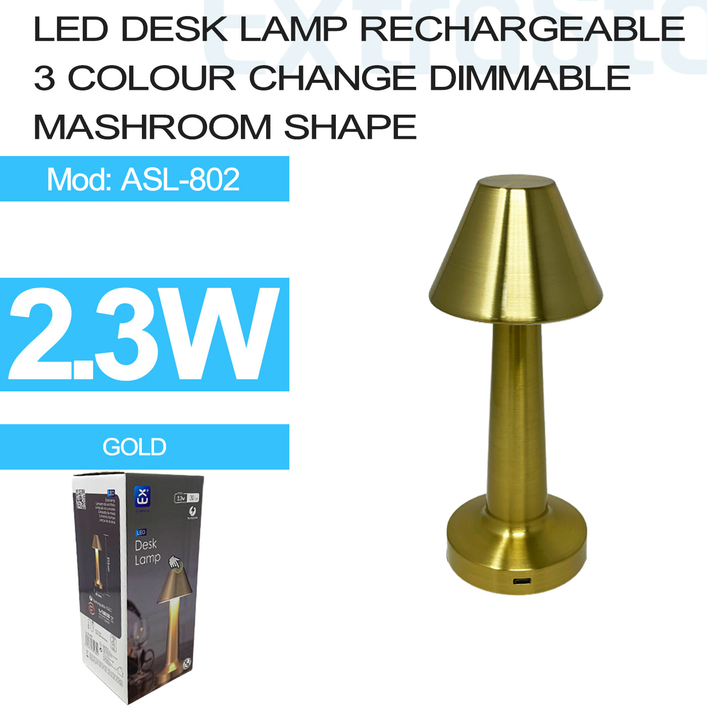 ExtraStar LED Desk Lamp Rechargeable, Square Shape, 3 Color Change Dimmable, Mushroom Shape, Gold, Model: ASL-802