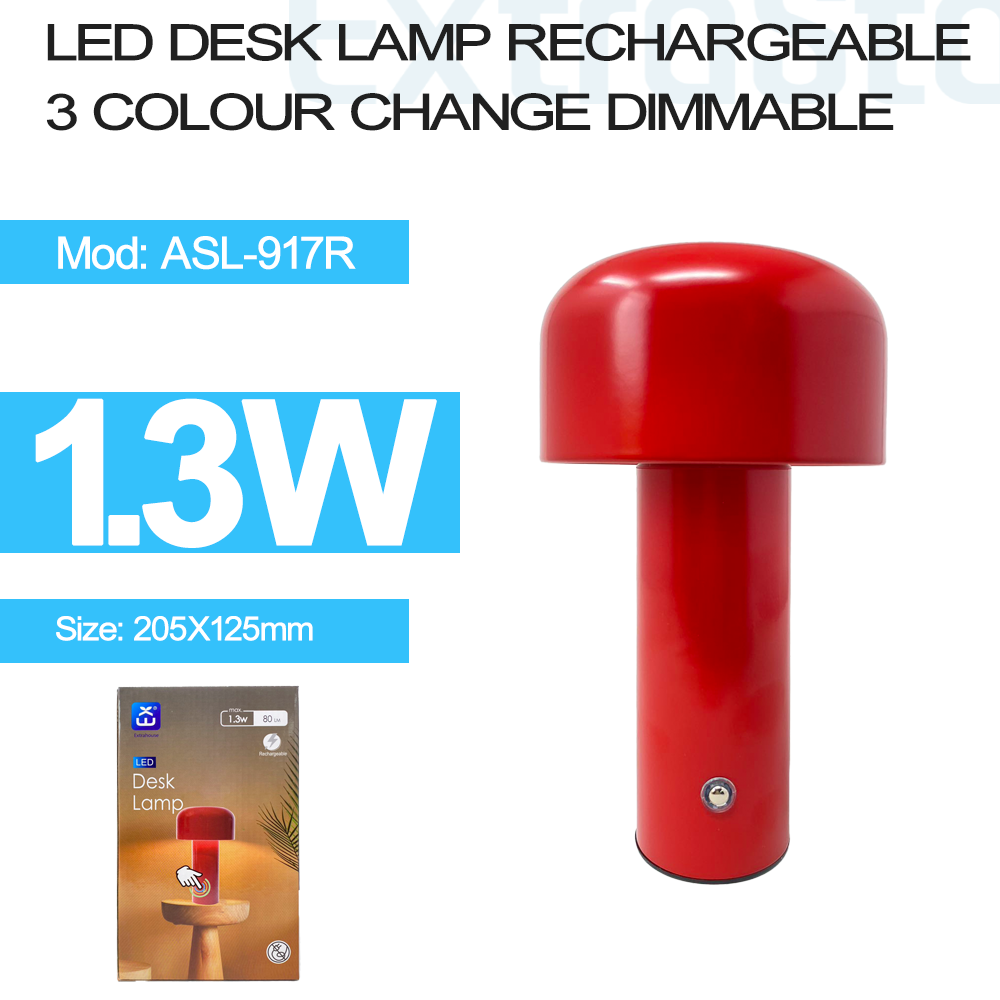 ExtraStar LED Desk Lamp Rechargeable, Mushroom Shape, 3 Color Change Dimmable, Red, Model: ASL-917R