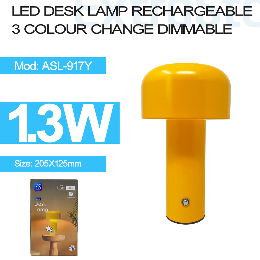 ExtraStar LED Desk Lamp Rechargeable, Mushroom Shape, 3 Color Change Dimmable, Yellow, Model: ASL-917Y