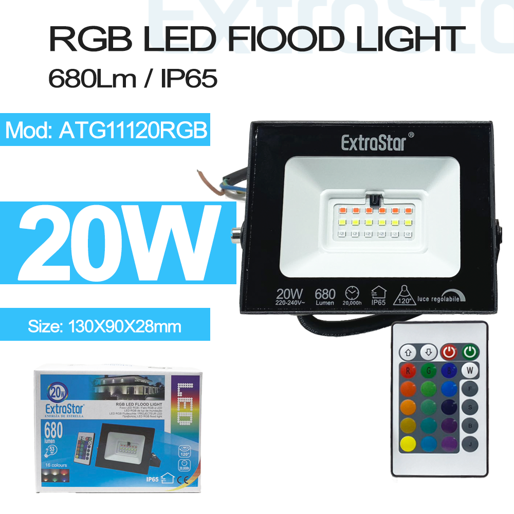 ExtraStar RGB LED Flood Light 20W, 16 colours, IP65, Model: ATG11120RGB