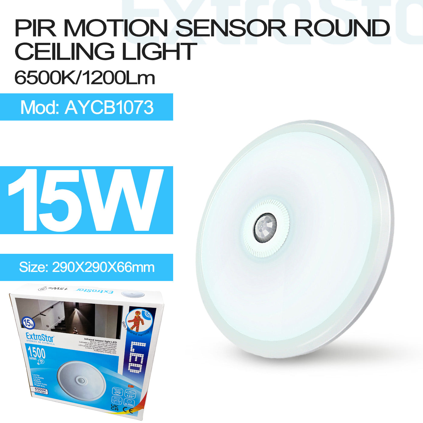 ExtraStar 15W LED Infrared Sensor LED Ceiling Light, 6500K, Model: AYCB1073