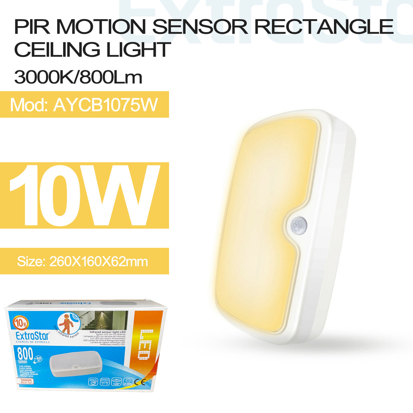 ExtraStar 10W PIR LED Light Warm, 3000K, 800 Lumens, Model: AYCB1075W