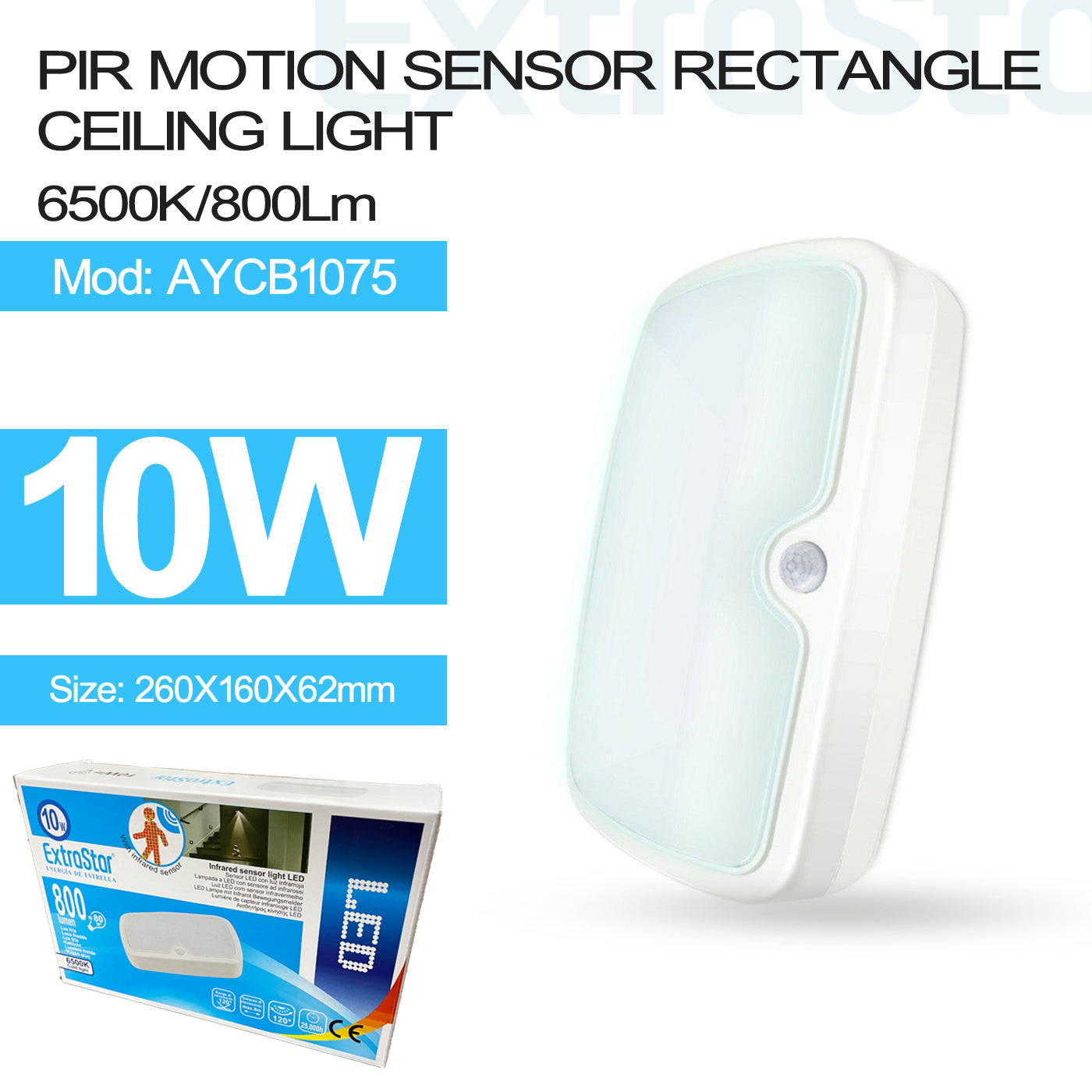 ExtraStar 10W PIR LED Light Daylight, 6500K, 800 Lumens, Model: AYCB1075