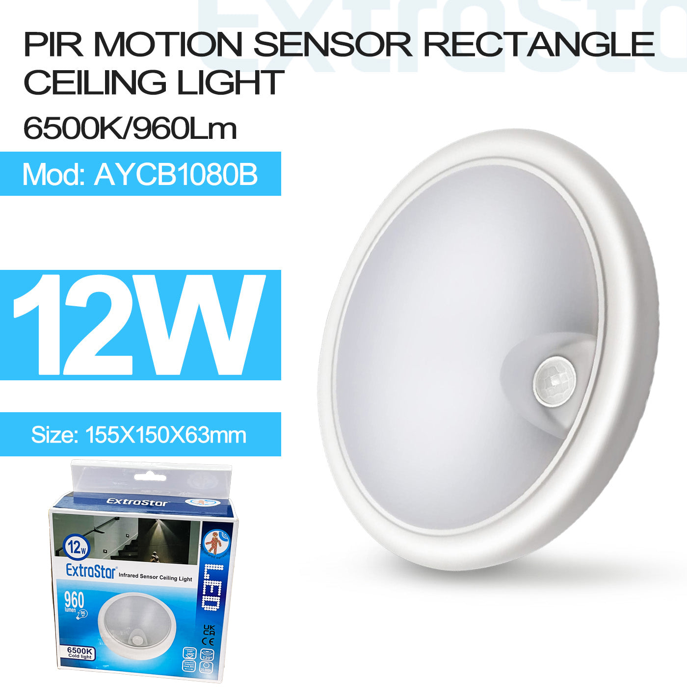 ExtraStar 12W LED Infrared Sensor Ceiling Light, 6500K, 960Lm, Model: AYCB1080B