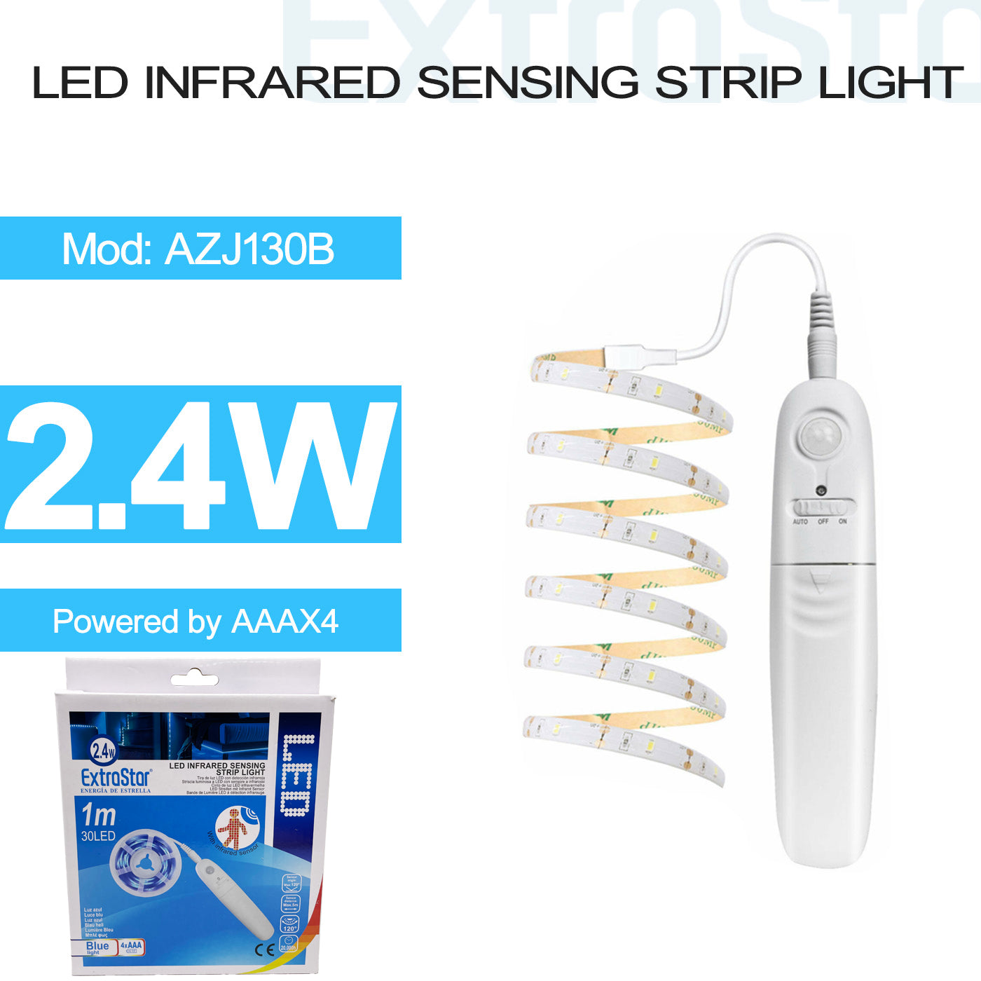 ExtraStar 2.4W LED Infrared Sensing Strip Light, 1M, Blue Light, Power by 4xAAA Battery, Model: AZJ130B