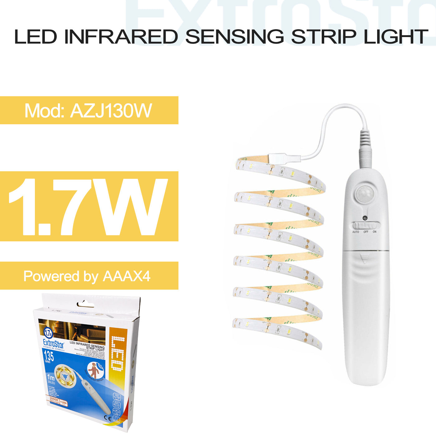 ExtraStar LED Infrared Sensing Strip Light 3000K 1M powered by 4xAAA Batteries 1.7W, Model: AZJ130W