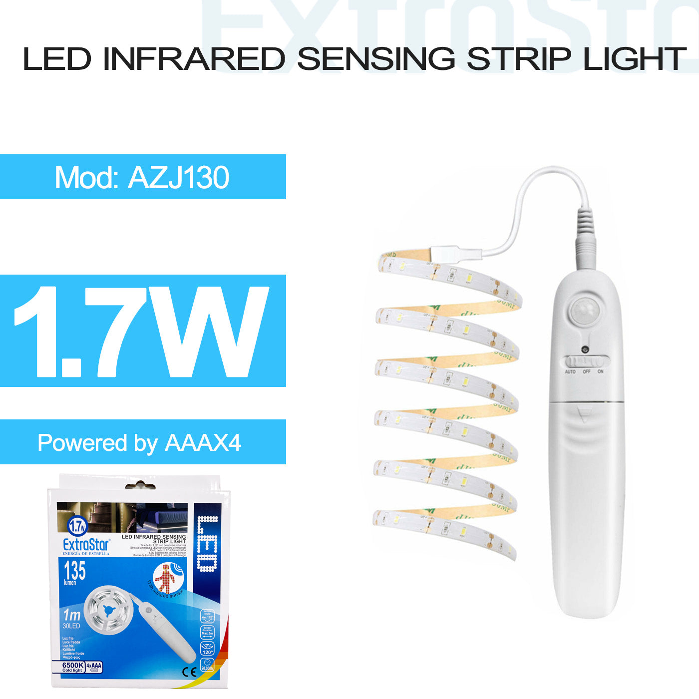 ExtraStar LED Infrared Sensing Strip Light 1M 6500K 1.7W power by 4xAAA Batteries, Model: AZJ130