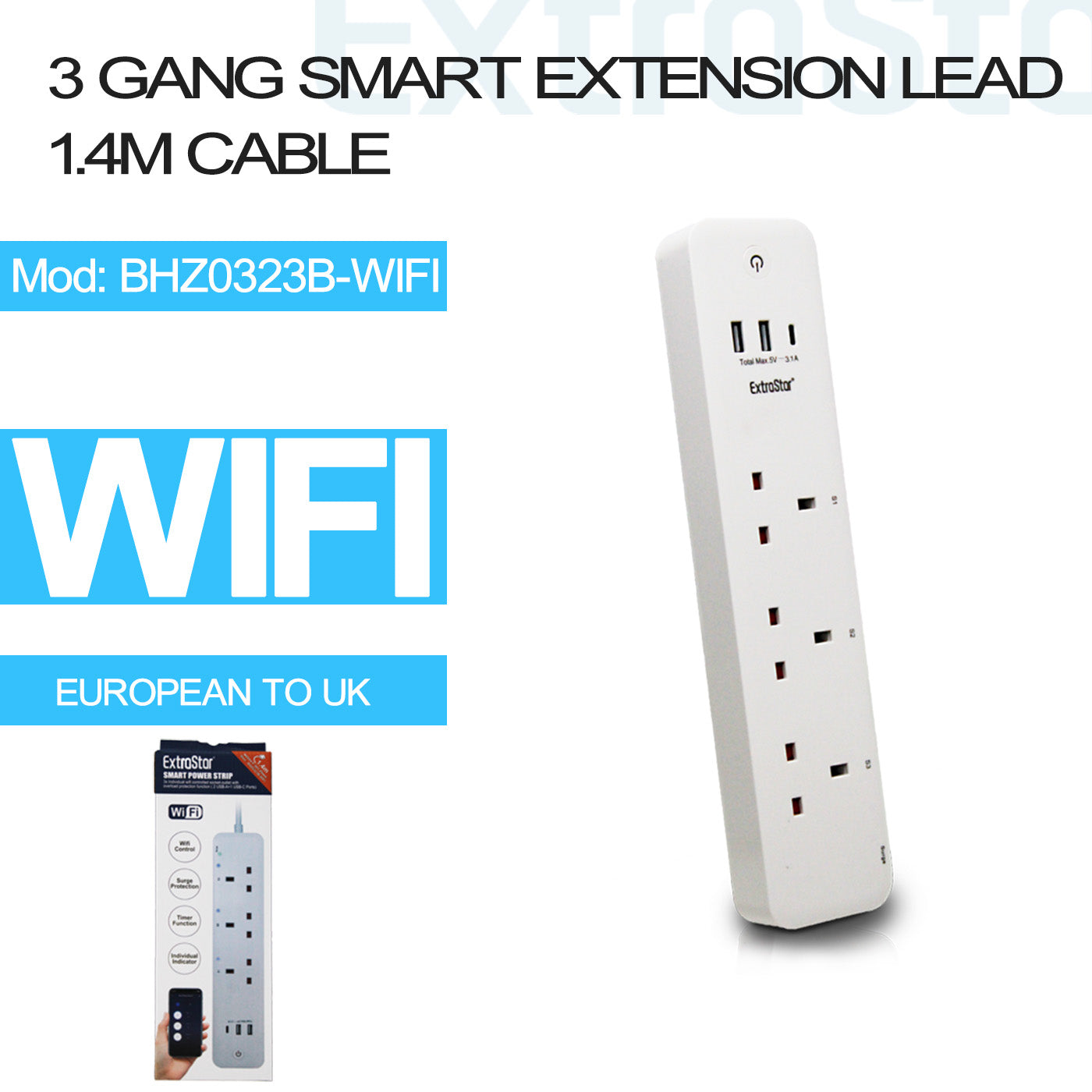 ExtraStar 3 Gang Smart Extension lead, with 1.4m Cable, with 2 USB-A and 1 USB-C,Model: BHZ0323B-WIFI