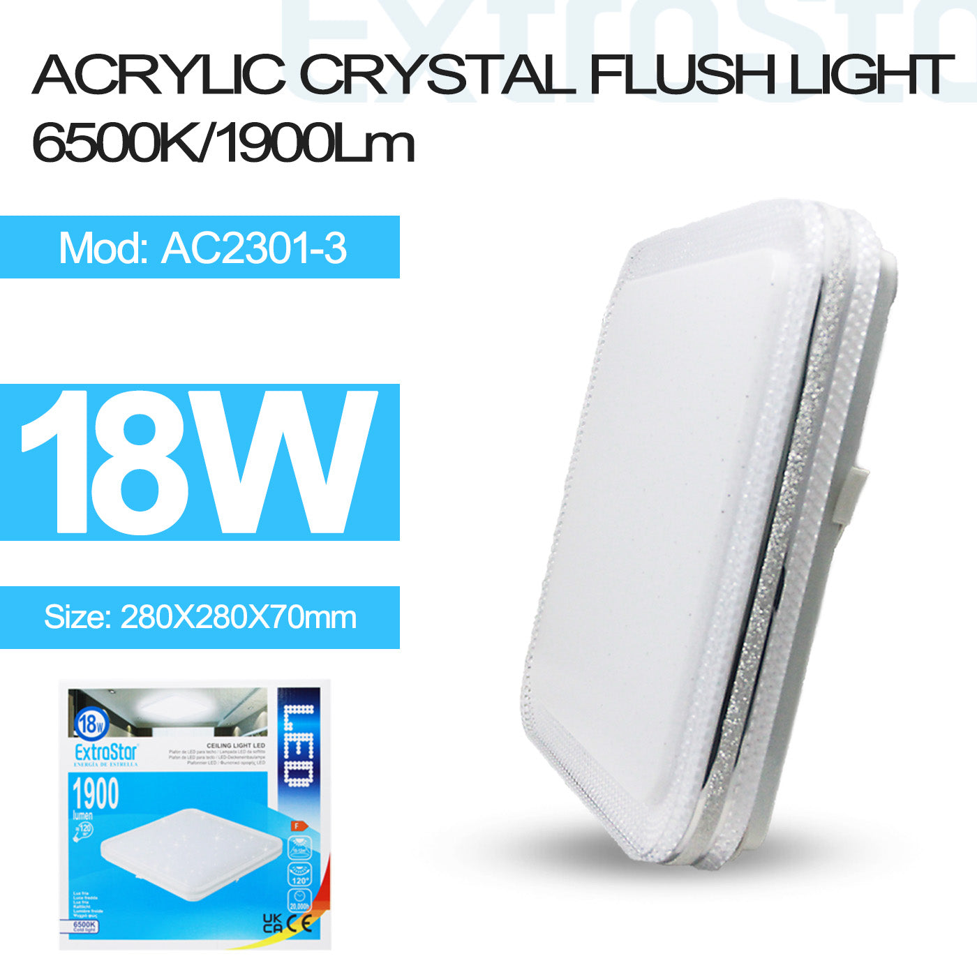 ExtraStar 18W LED Square Ceiling Light 6500K, 1900 Lumen, Acrylic Crystal, Model: AC2301-3