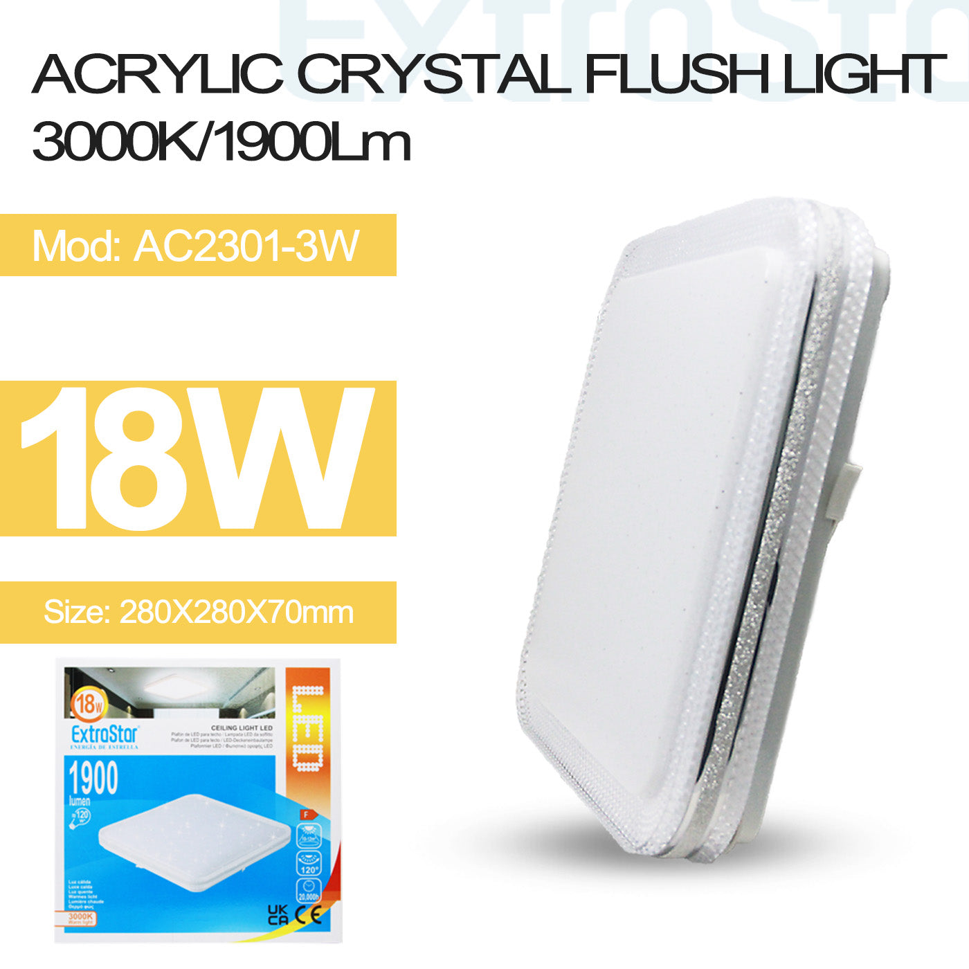 ExtraStar 18W LED Square Ceiling Light 3000K, 1900 Lumen, acrylic crystal, Model: AC2301-3W