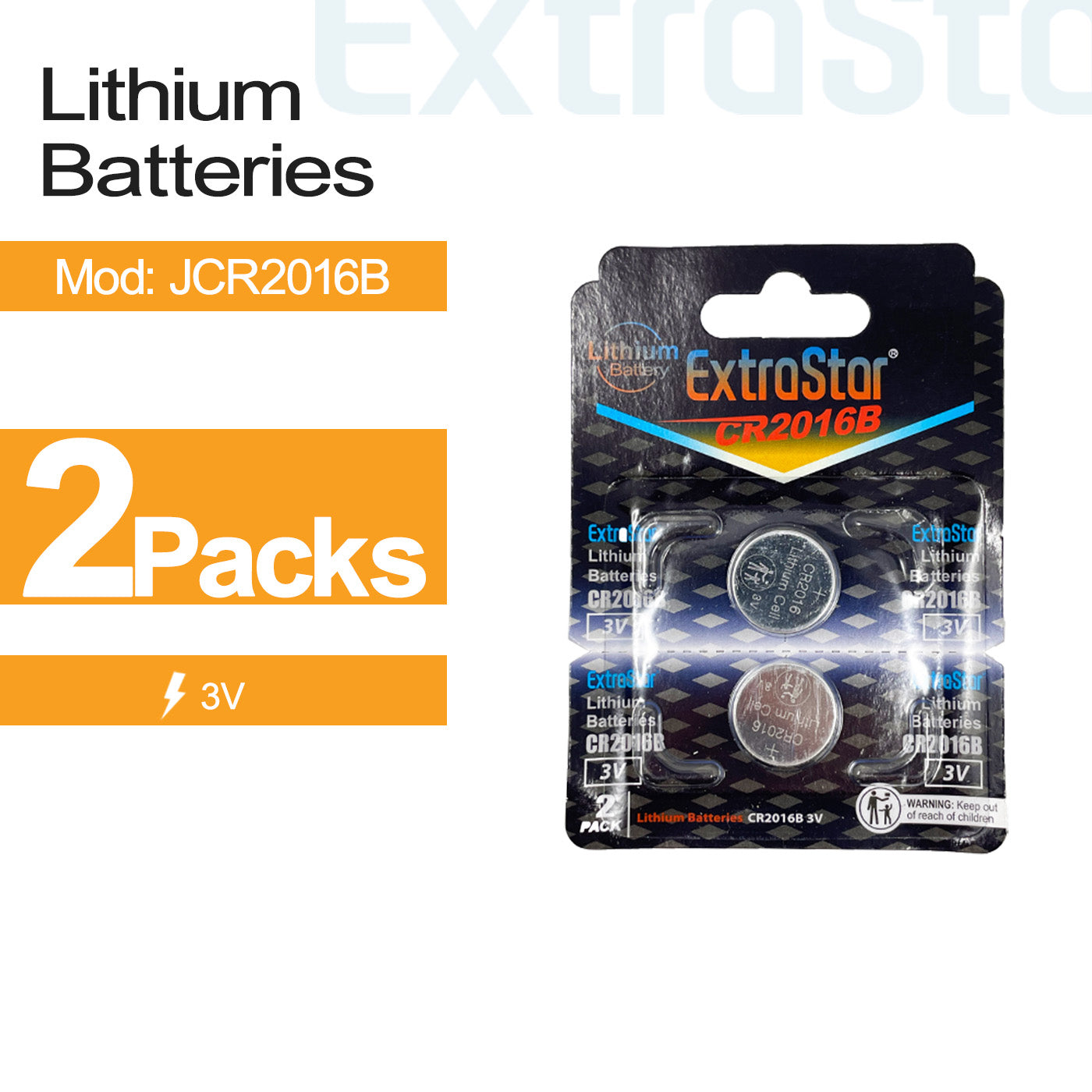 ExtraStar 3V CR2016 Lithium Batteries, Pack of 2, Model: JCR2016B